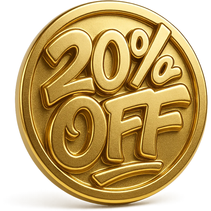 Round label with lettering 20% off with graffiti style  emoji