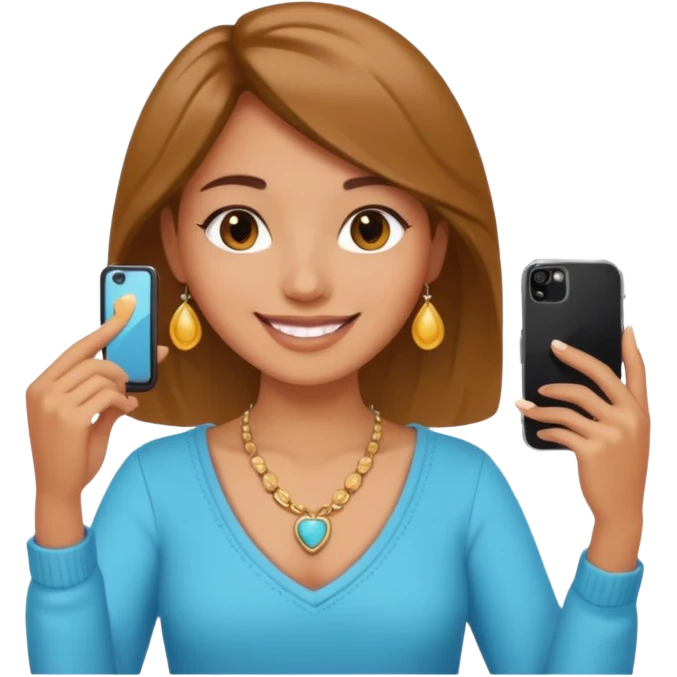 young woman with phone in her hand, happy, selfie style. @emoji emoji