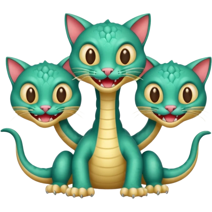 three-headed hydra cat inspired by the grinning cat emoji, playful and cute, each head with a different expression, vibrant colors, cartoon style emoji