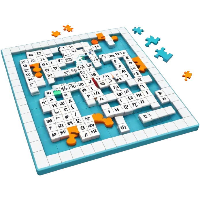 A photorealistic icon with a crossword magazine, a 3D puzzle and a partially completed puzzle on a table. Bright, detailed design with realistic lighting. Transparent background, clearly symbolizing puzzles and brain games. emoji