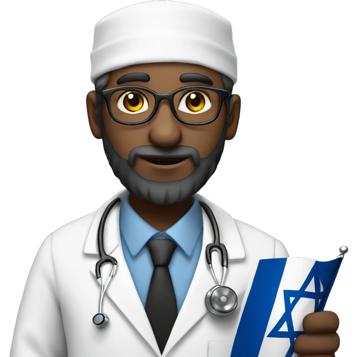rabbin with Sidelocks holding israel flag in his hands while wearing a doctor white coat with a stethoscope  emoji
