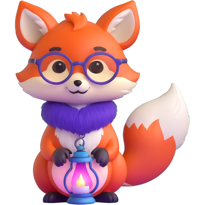 small magical fox with shimmering purple and blue fur, glowing fluffy tail, silver star on forehead, round glasses, tiny lantern, hugging a big red heart emoji