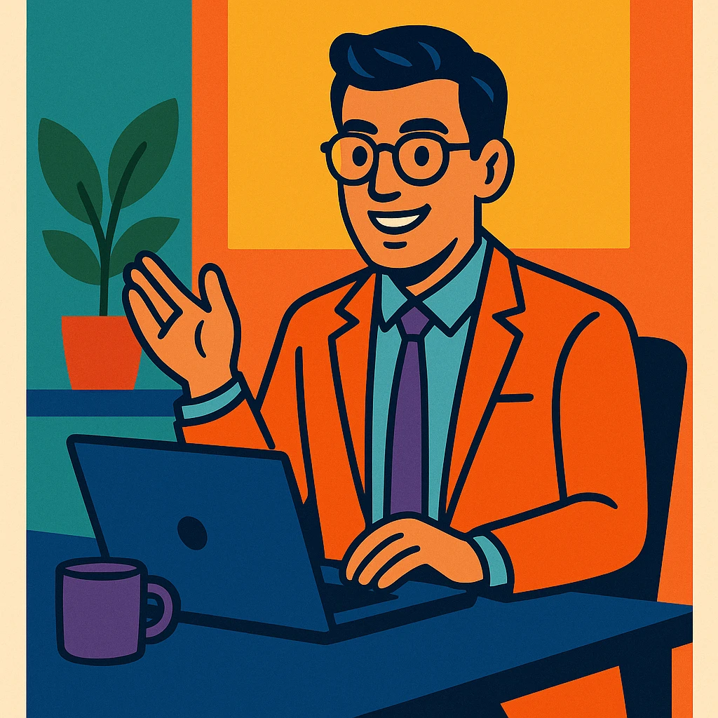 A 35-year-old male business coach sitting at a desk with a laptop emoji