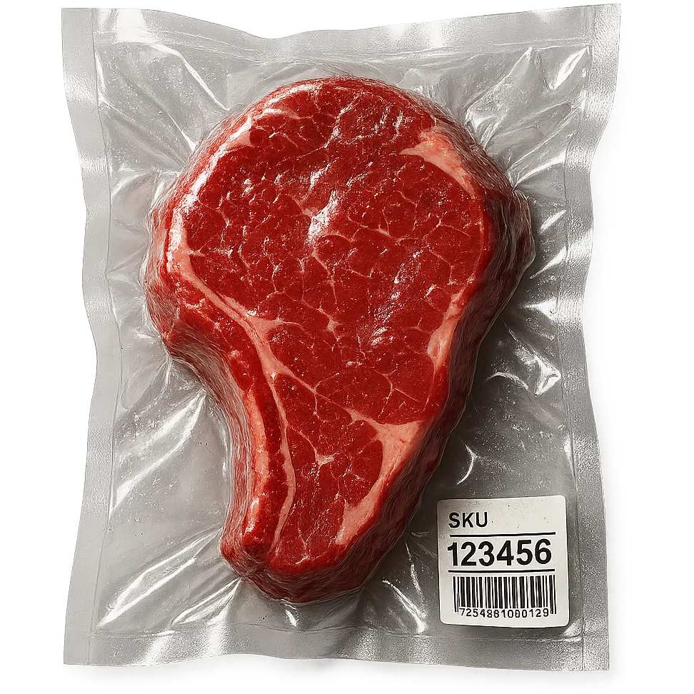 steak with sparkling highlights, glossy and inflated, vacuum-sealed style emoji