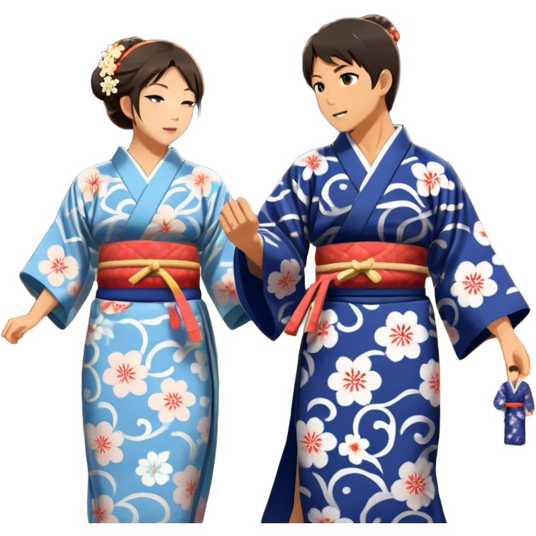 Cinematic Realistic scene of two performers engaging in Bon Odori, dressed in traditional yukata with intricate summer patterns, captured in graceful, rhythmic motion with warm, festive lighting emoji
