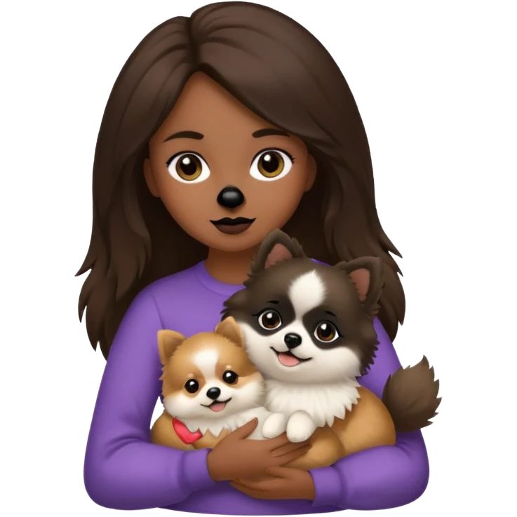 A brunette girl holding a Pomeranian dog who has black face but in the middle it’s white line emoji