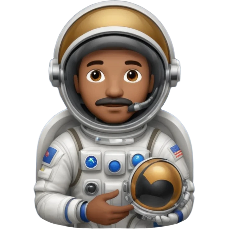 Mustached astronaut  black man holding helmet in his hand, emoji