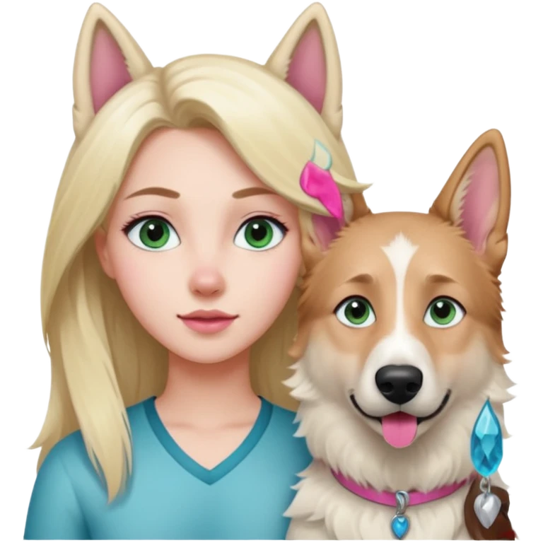 White European young woman with blue-green eyes and long blond hair with her white German Shepherd dog,the Dog hast a pink nose and short fur  ans Brown eyes emoji
