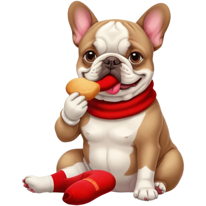 French bouledogue dog eating a red sock emoji