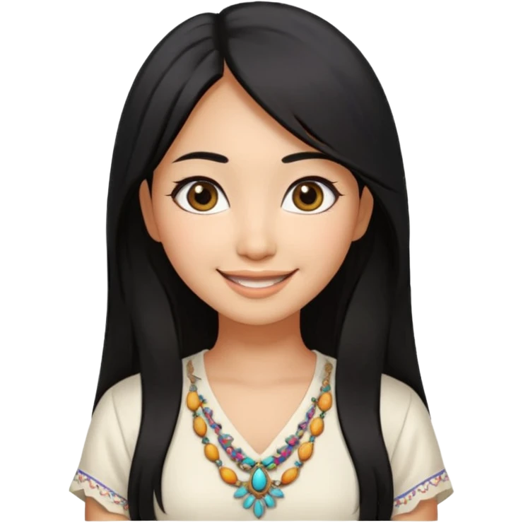 30 yr old asian woman center parted hair big eyes big smile tanned skin straight black hair hippie part hair white blouse emoji