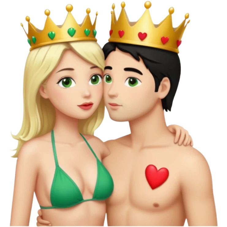 Blonde Queen with crown Green eyes Bikini whole body Kissing man black Hair Hearts  emoji