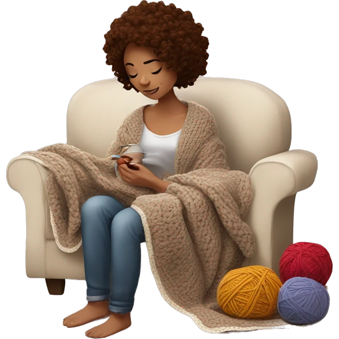26 year old white woman with brown wavy hair. She is crocheting a garment with a crochet hook and ball of yarn is near her. She is laying on the couch under a blanket. Near her there is a cup of tea emoji
