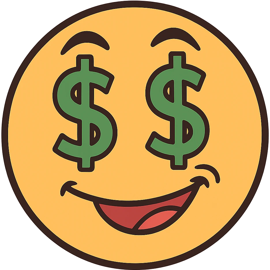 smirking emoji with money eyes, flat modern style, bright saturated colors golds greens reds, minimal but expressive, universal look emoji