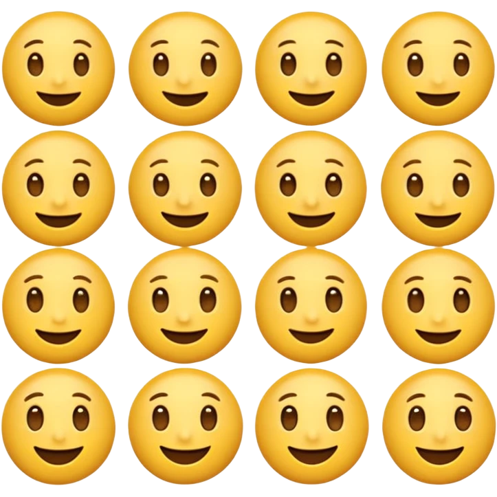 Emoji challenge.
Show 16 emojis that are almost identical.
Only one emoji has a small difference in shape or expression.
Neutral background, soft shadows.
Increase difficulty slightly.
Add subtle animation to keep attention. emoji