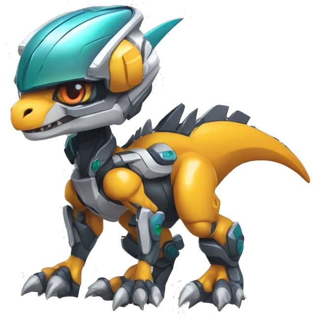 Colorful Edgy Chibi Greymon-Velociraptor-Genesect-Fakémon-Pokémon wearing a with a futuristic visor-helmet And Mecha-suit Full Body emoji