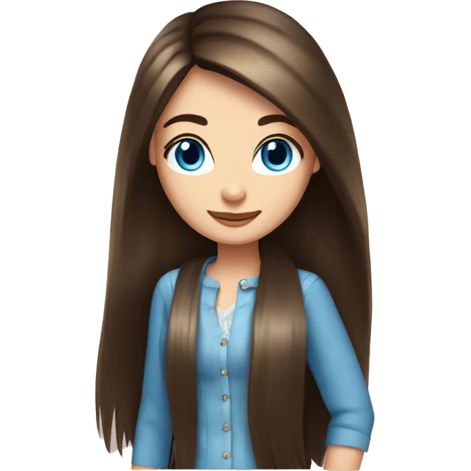 Long waist length brunette straight hair girl, blue eyes,  emoji