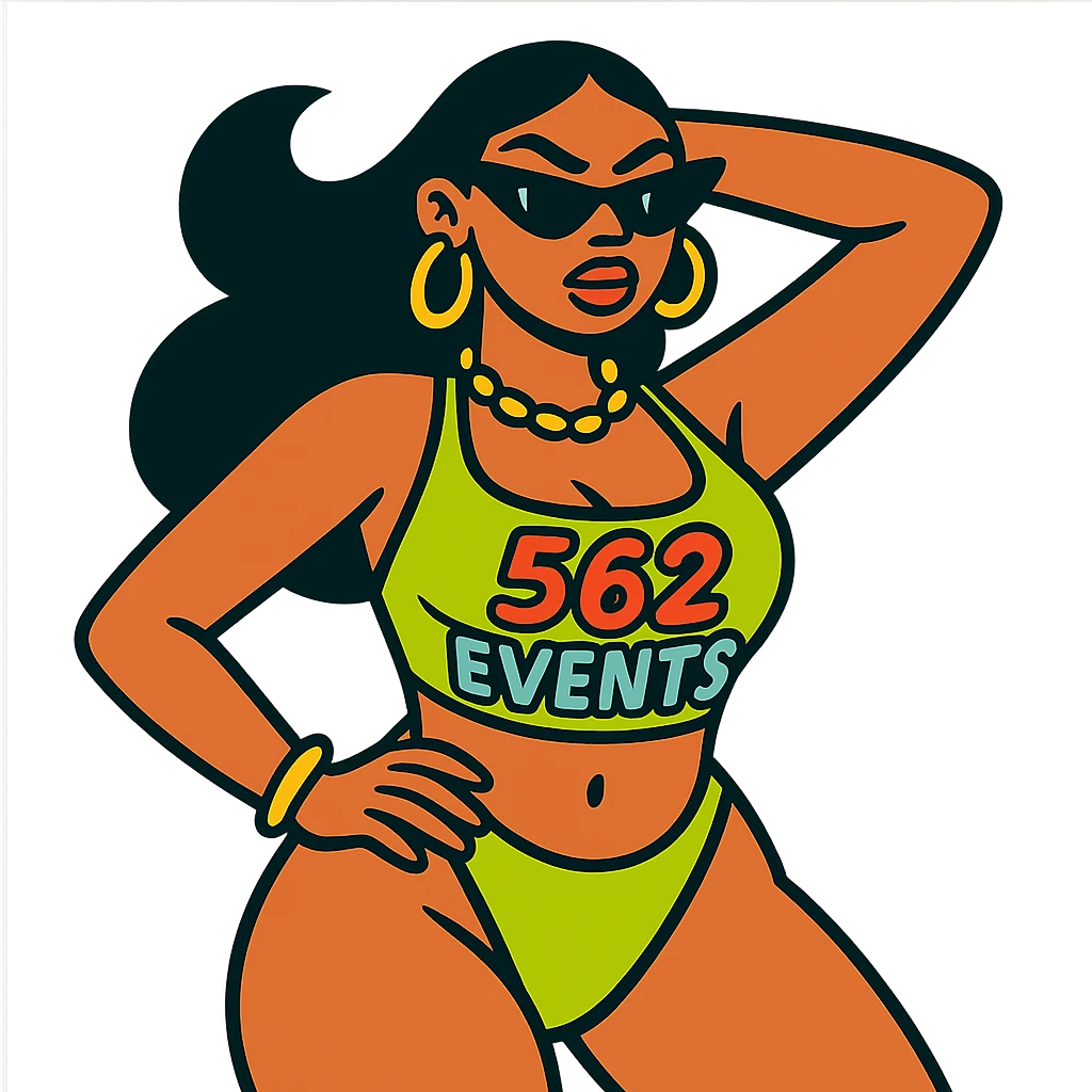 stylish baddie in a bikini with '562 Events' written on it in a playful, eye-catching font emoji