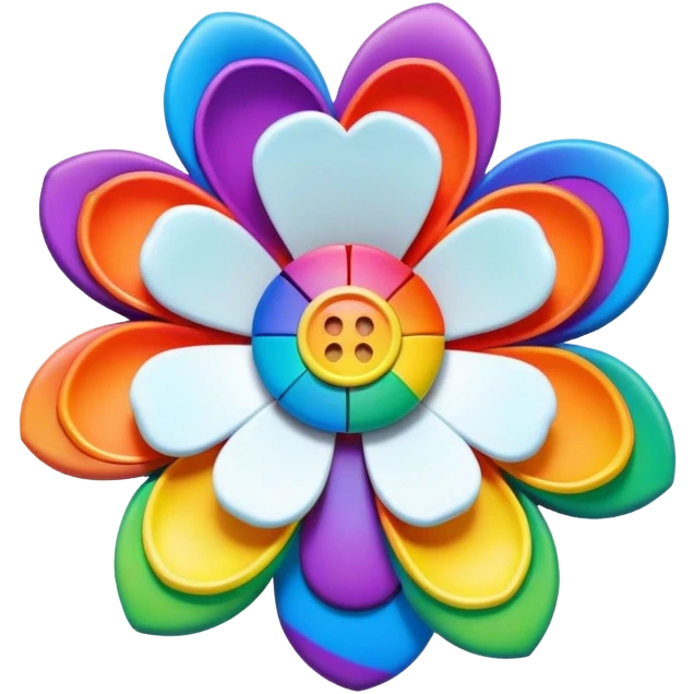 A bezeled psychedelic colored button with a rainbow colored 3D flower in the center emoji