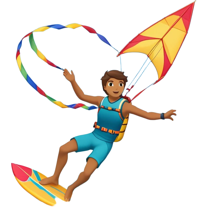 A kite surfer soaring above the waves, holding onto a kite with the wind in full force. The background showcases the ocean and sky, emphasizing the freedom, thrill, and energy of the sport. The motion of the kite and board is dynamic, capturing the excitement of kiting. emoji