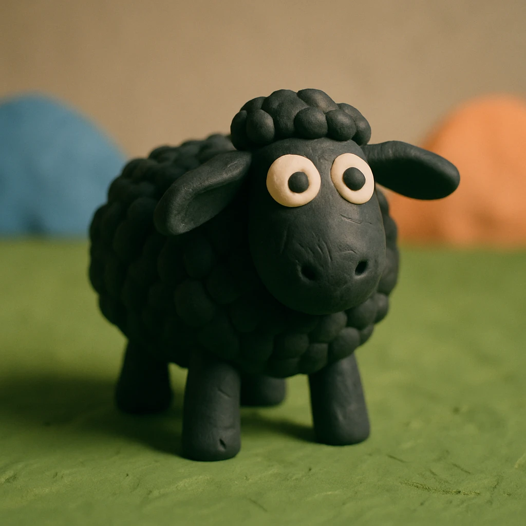 sheep with black wool standing on green grass, visible fingerprints, matte plasticine look, claymation style emoji