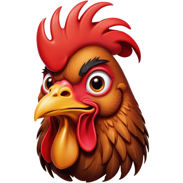 Cinematic Comical Brown Rooster Portrait Emoji, Head tilted dramatically with an exaggeratedly amused expression, featuring a striking, glossy brown plumage with a bold red comb, wide, expressive warm eyes filled with playful disbelief, Simplified yet hilariously expressive features, highly detailed, glowing with a slightly sassy glow, high shine, dramatic yet playful, stylized with an air of cheeky mischief, bright and endearing, soft glowing outline, capturing the essence of a spirited and over-the-top rooster, so meme-worthy it feels like it could crow its way into internet fame instantly! emoji
