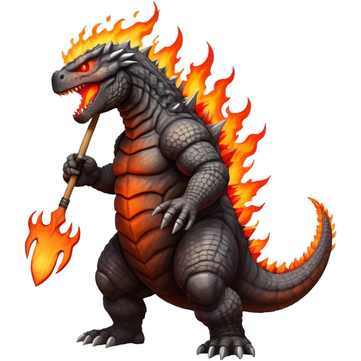 Godzilla holding a pitchfork on fire  emoji