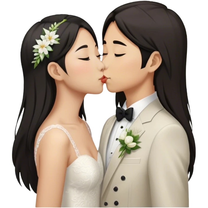 Asian lesbian couple at wedding and kissing. One of them has long hair and the other has super short hair emoji
