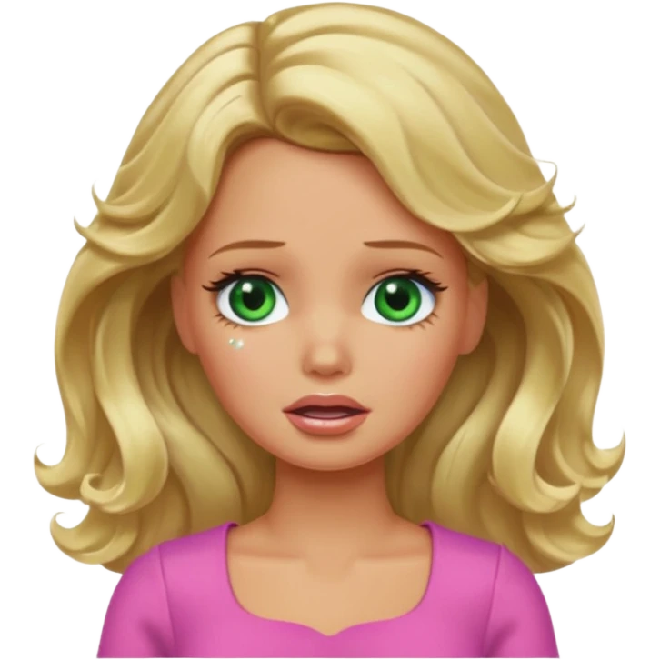 crying Barbie with blonde wavy hair green eyes and tan skin emoji