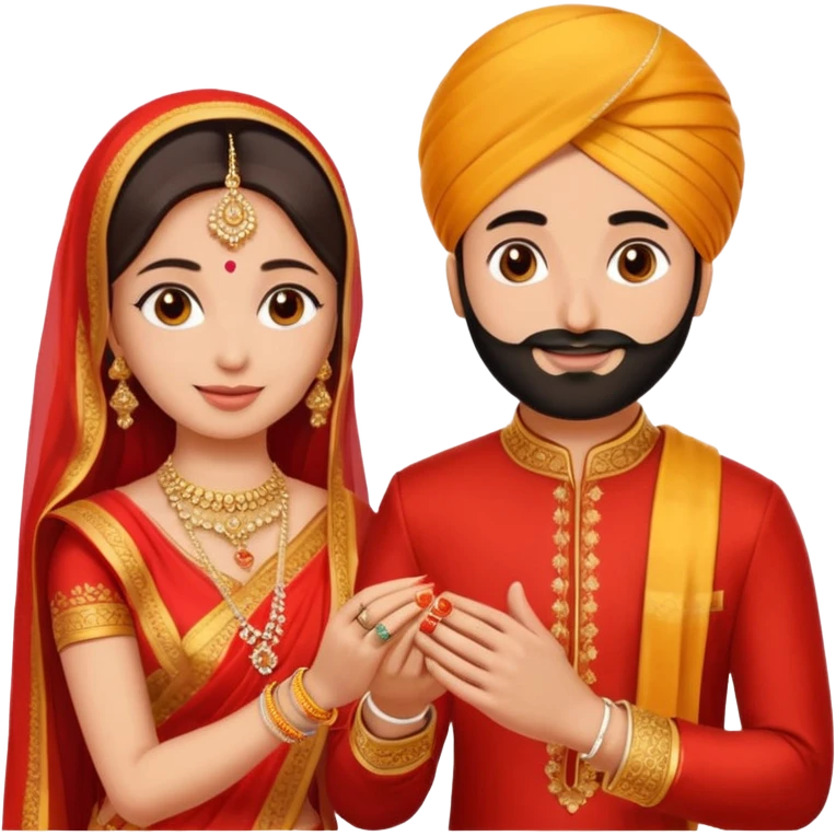 Two hands in a engagement..One hand of groom and one hand of bride. Bride hand - red/yellow saree. groom- light orange punjabi (oonly hands will be visible in the image). Groom's hand is holding a ring and bride's hand will be wearing the ring emoji