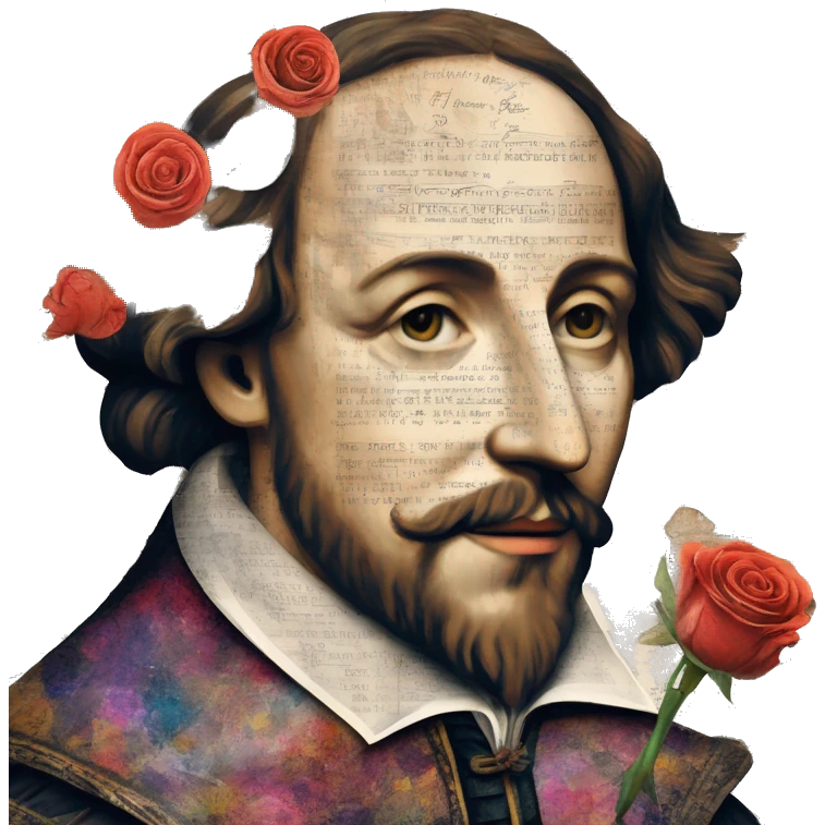 Shakespeare person made of newspaper cuttings wearing flowers, stained glass, fairy lights, bokeh, annotated sketch, handwritten letters, collage of intricate patterns, roses flowers emoji