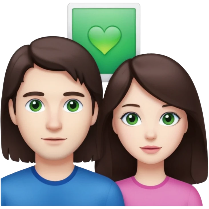 pink polaroid photo of a couple thats white with long brunette hair blue eyes and a white guy with short brunette hair and green eyes emoji