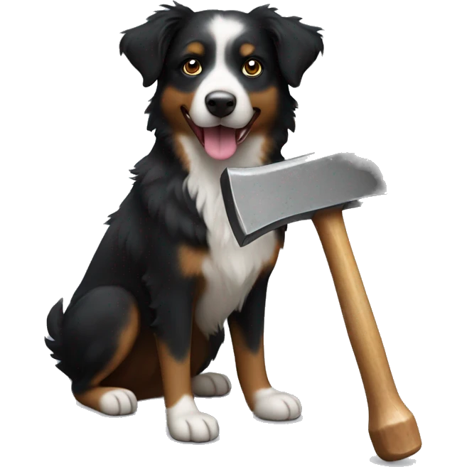 Small black australian shepherd dog building with hammer  emoji