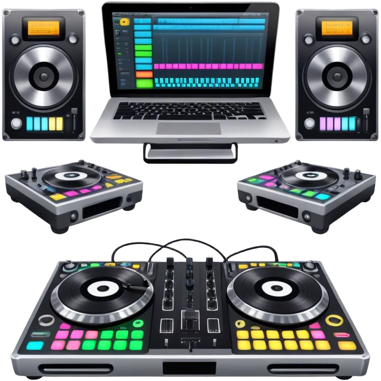 Create a professional and technical emoji that represents remixing music. The design should feature a high-end DJ controller, turntables with vinyl records, and a sound mixing console with faders to symbolize the technical aspects of remixing. Include elements like studio headphones and a laptop or digital audio workstation (DAW) screen to reflect the tools used in music production. Use colors like black, silver, and neon accents to convey the professional, high-tech nature of remixing. The background should be transparent. emoji
