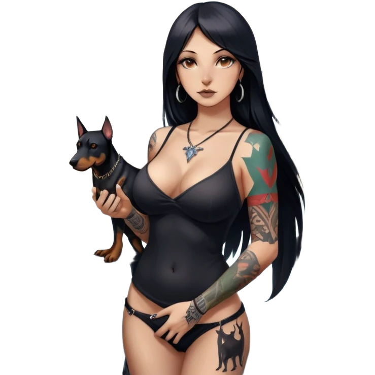 A girl, long straigh dark hair, at least size 3 boobs. She had a flag of city of Visaginas in one hand and a big black cup of water in the other. There are a lot of tattoos visible on her arms, they are not very big and made like patchwork: there isa doberman, there are angels, a bridge, a deer. She has a ring in her left side of the nose emoji
