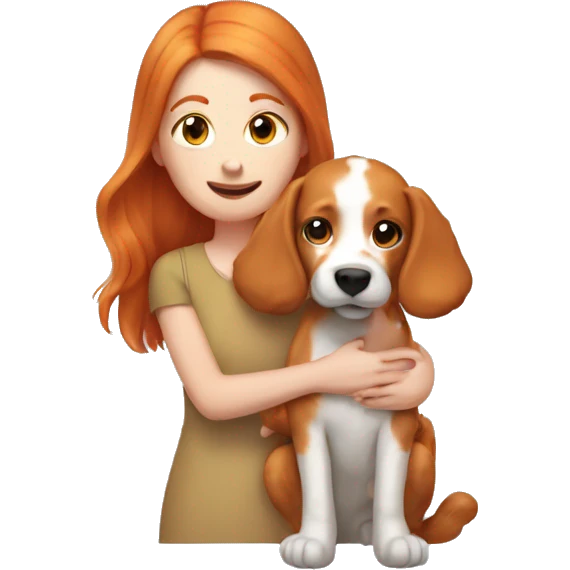 Ginger girl holding dog and kuddle emoji