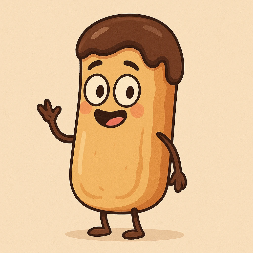 cartoon style cute éclair au chocolat with chocolate topping, French dessert emoji