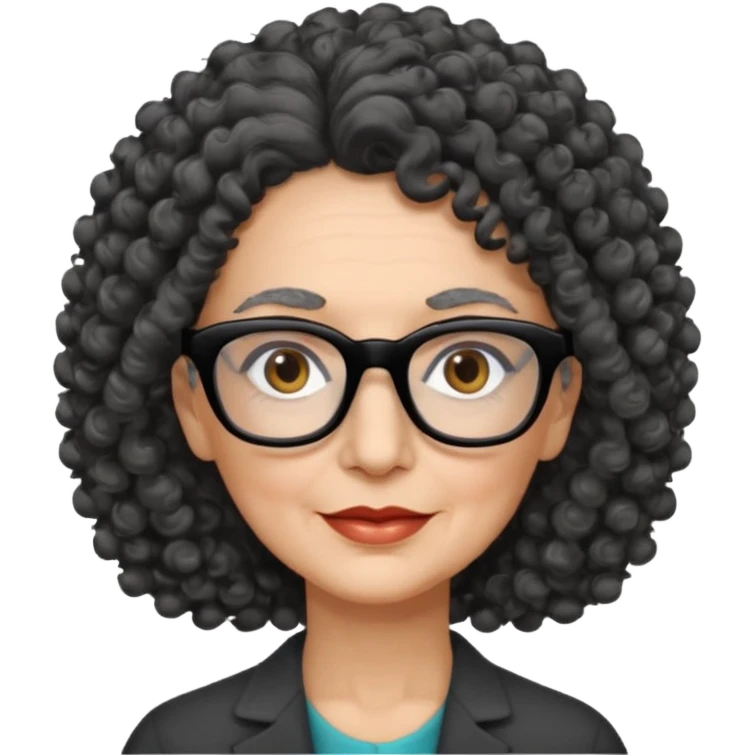 femme 60 ans cheveux gris foncé très bouclé et yeux marrons foncé, lunettes rectangle noir emoji