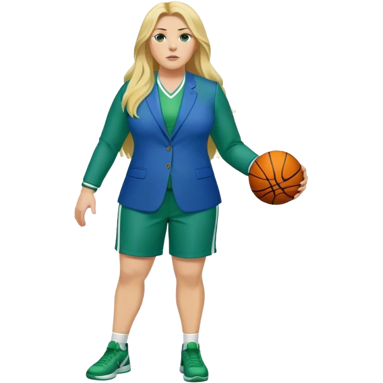Full Body white plus size female basketball head coach with long blonde hair in a blue and green suit emoji