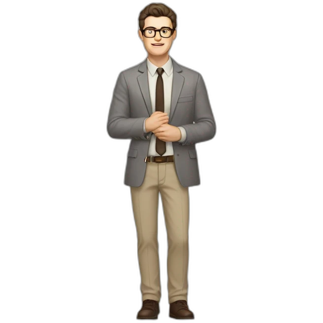 Full height Pale skinned Fit Man With dark brown hair in gray jacket, beige office shirt, tie, Brown pants and vintage glasses. Thrumbs of his palms directed up emoji