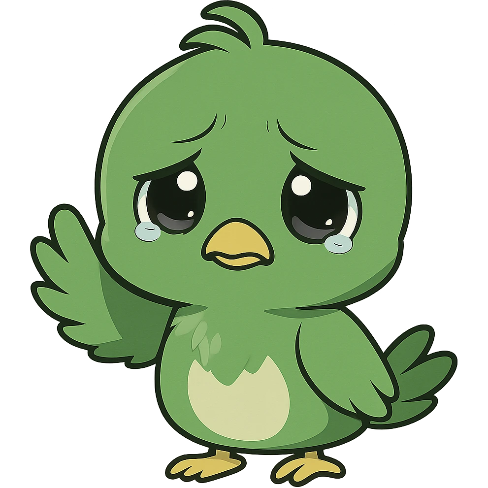 green chibi anime bird waving goodbye, sad expression, chibi style, anime style, cute character, waving hand emoji