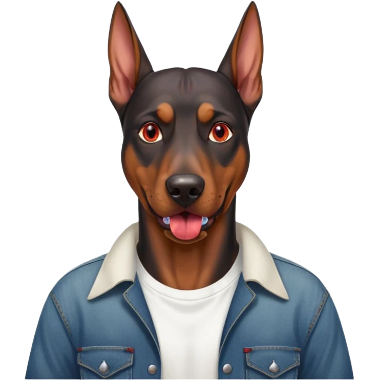 Generate a emoji of a big evil doberman dog with red eyes and a tongue sticking out, give the doberman a human body with a white shirt and baggy jeans, make the doberman have ear piercings and a septum ring emoji