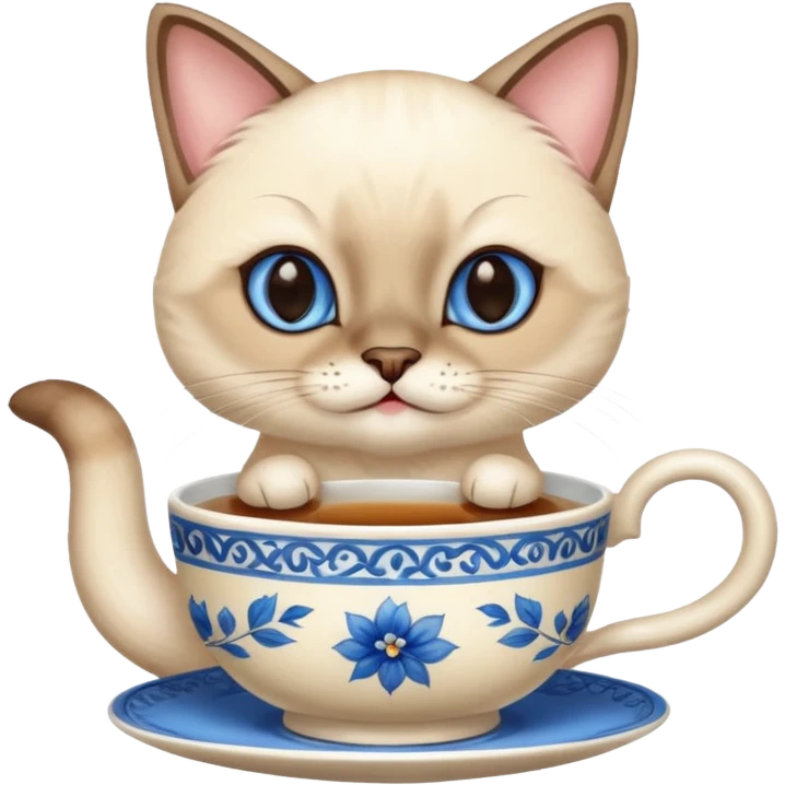 Happy siamese cat enjoying a fancy cup of tea in its front two paws emoji