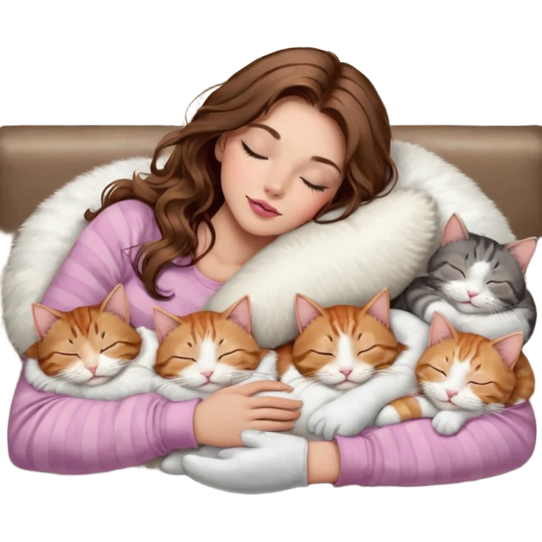 girl with long wavy brown hair, brown eyes, long lashes makeup, sexy pink lips, light to medium complexion,  sleeping on a cozy pillow, with 6 cats: 1 brown and white tabby cat, 1 ginger and white, 2 grey and white, 1 grey with white mittens and small white patch on chest and 1 calico, sleeping emoji