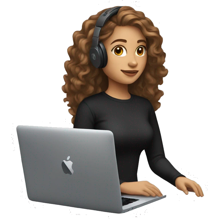 women with light skin and long brown wavy hair developing on a macbook with headset on, wearing a black t-shirt emoji