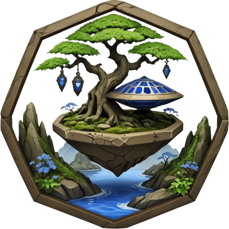 Alien spacecraft hanging-jungle vines mountain-island landscape mudman very old broken cracked intricate Stone Age rocky-crusted irregular dodecagon-shaped shallow dark moss rough bark blue willow flowered maple tree bonsai pot emoji