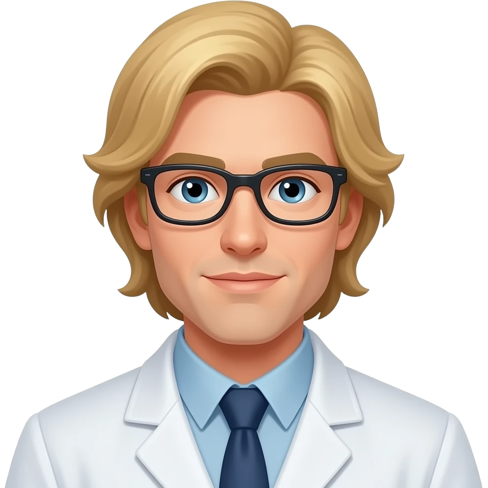 clean shaven blonde male scientist with hair to his waist has substance on his face emoji