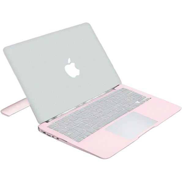 A sleek and modern MacBook Air laptop in a soft pastel pink color. The Apple logo on the back of the screen is white, contrasting elegantly with the pink finish. The laptop is slightly open, showing a glimpse of the white keyboard and silver edges. The design is minimalist and stylish, reflecting a premium aesthetic. emoji