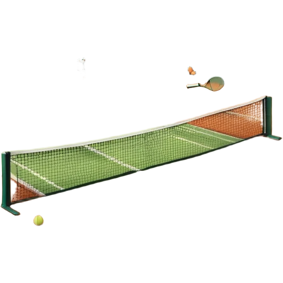 A tennis court at the Roland Garros tournament, with the iconic clay surface and a tennis ball bouncing near the net. The scene evokes the energy and excitement of the grand event, with vibrant crowds in the stands and a competitive atmosphere. emoji