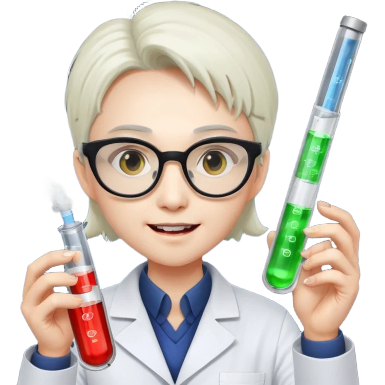 Dr. Lunar Fang – scientist vampire adjusting square lab glasses, holding a glowing test tube of “Type O” fuel emoji