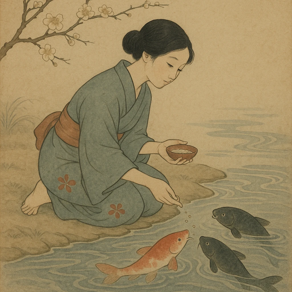 girl feeding koi fish in a pond emoji